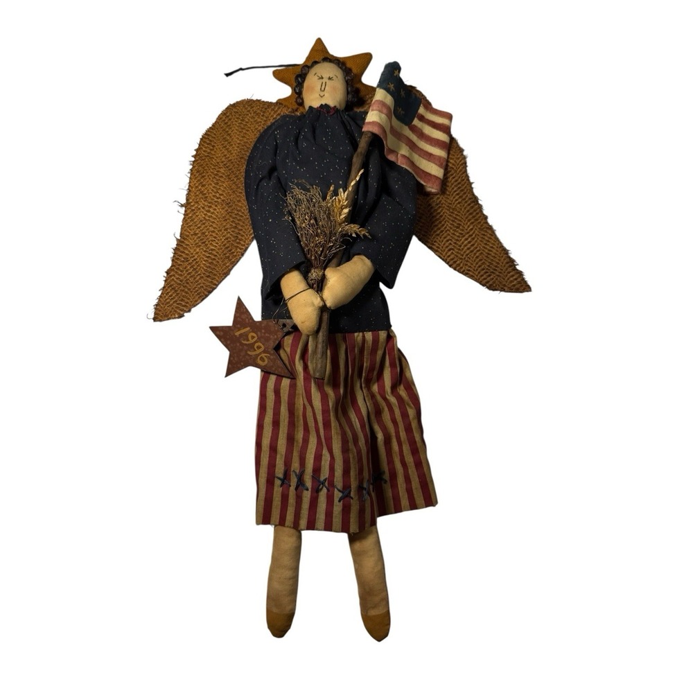 1996 Primitive Folk Art Patriotic Angel Handmade Doll,signed Peg F. 19" Tall.
